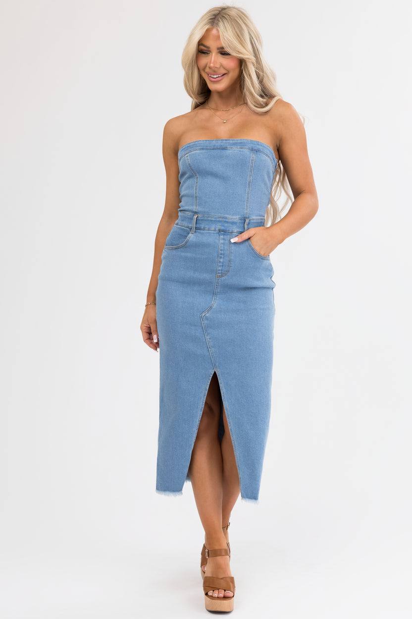 Medium Wash Denim Strapless Bodycon Dress