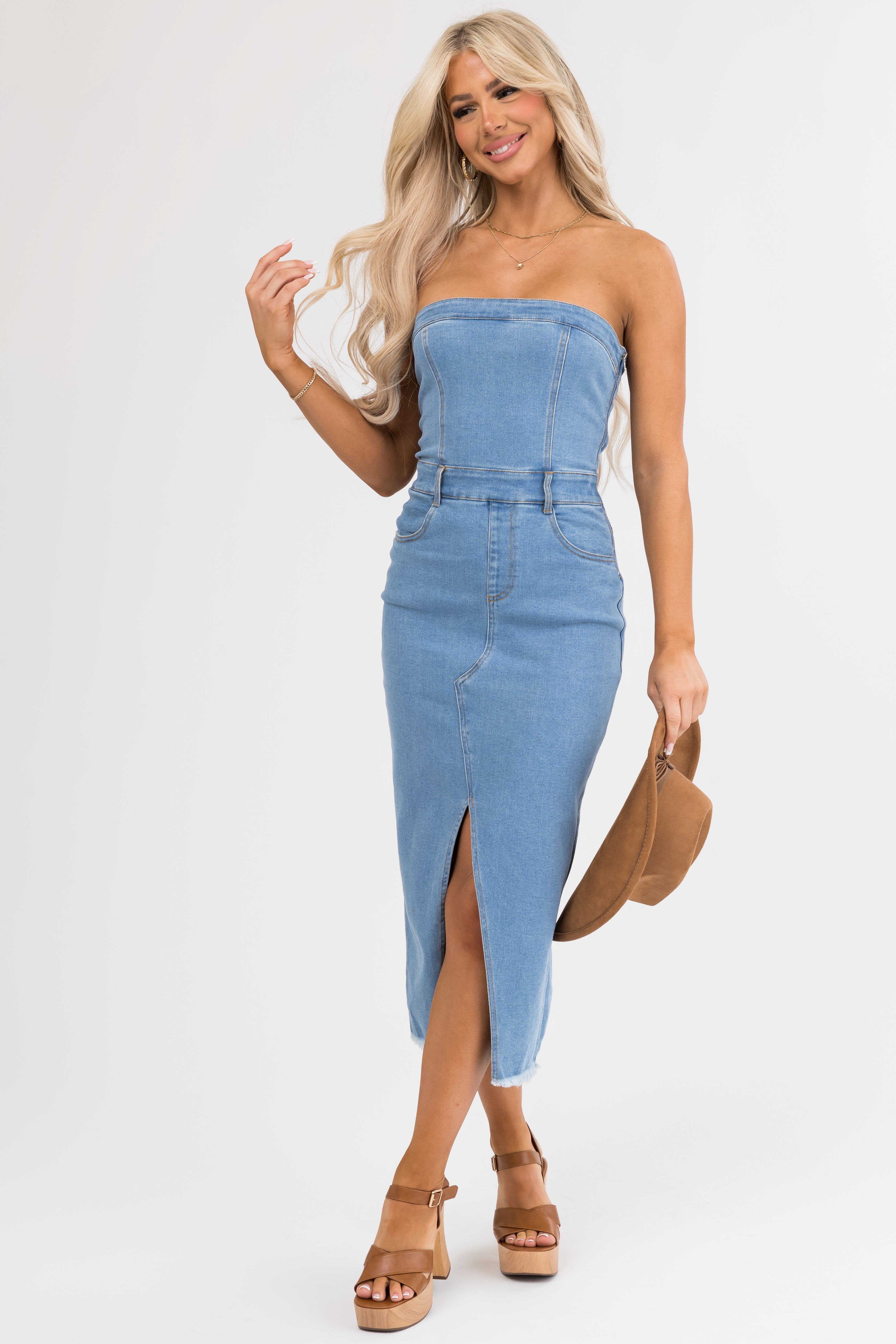 Medium Wash Denim Strapless Bodycon Dress