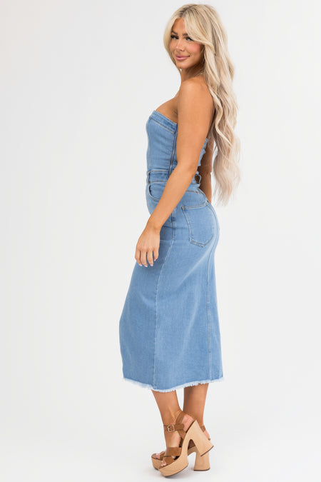 Medium Wash Denim Strapless Bodycon Dress