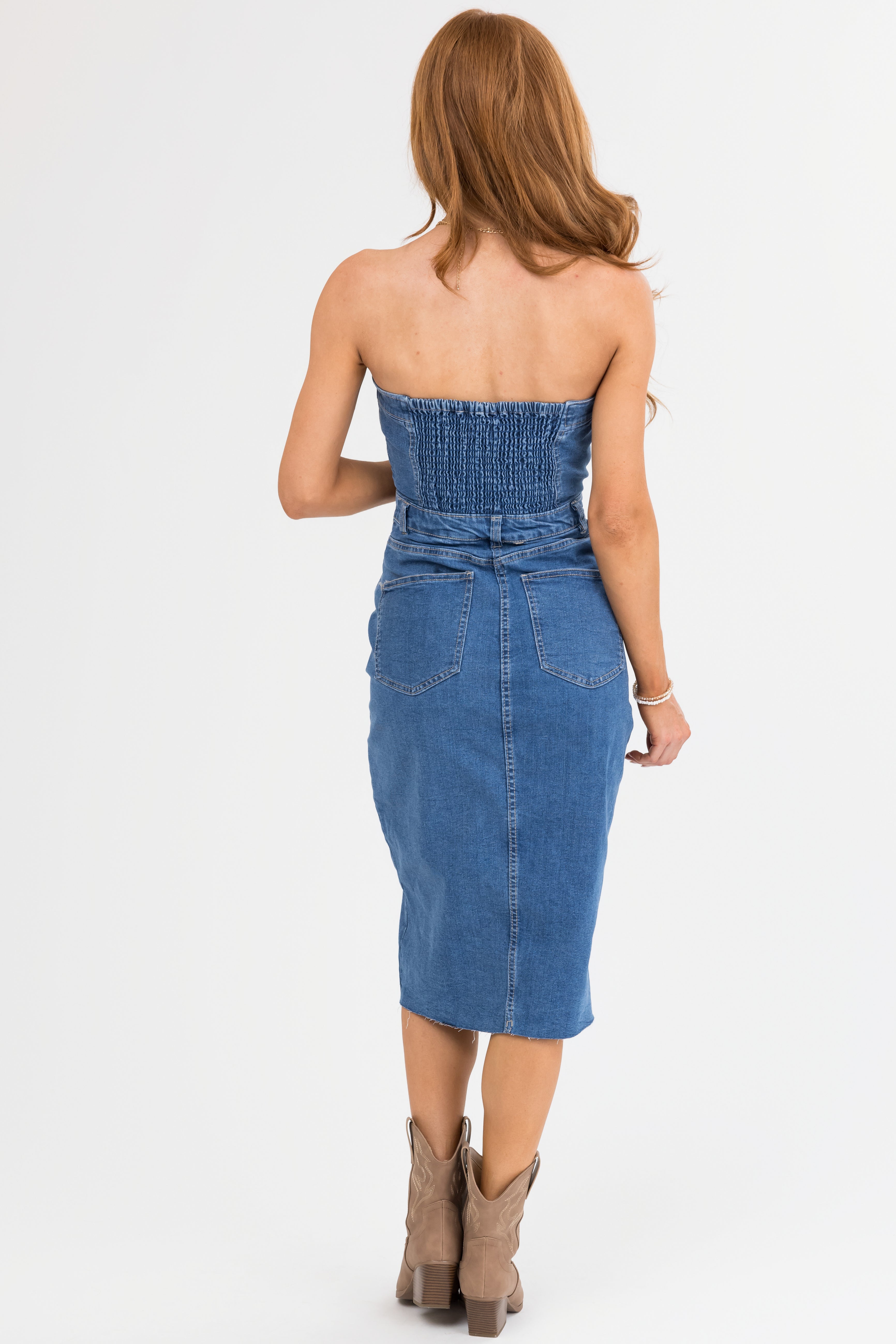 Medium Wash Denim Strapless Dress with Slit