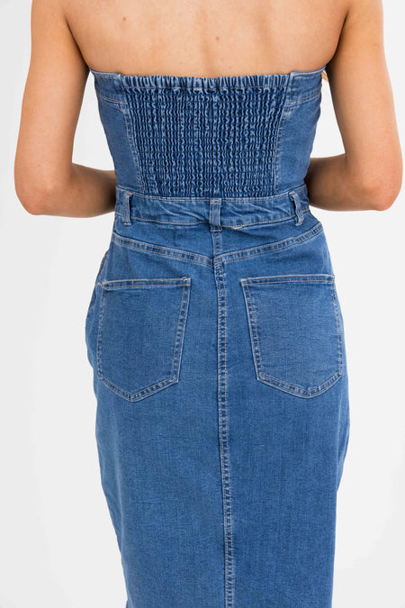 Medium Wash Denim Strapless Dress with Slit