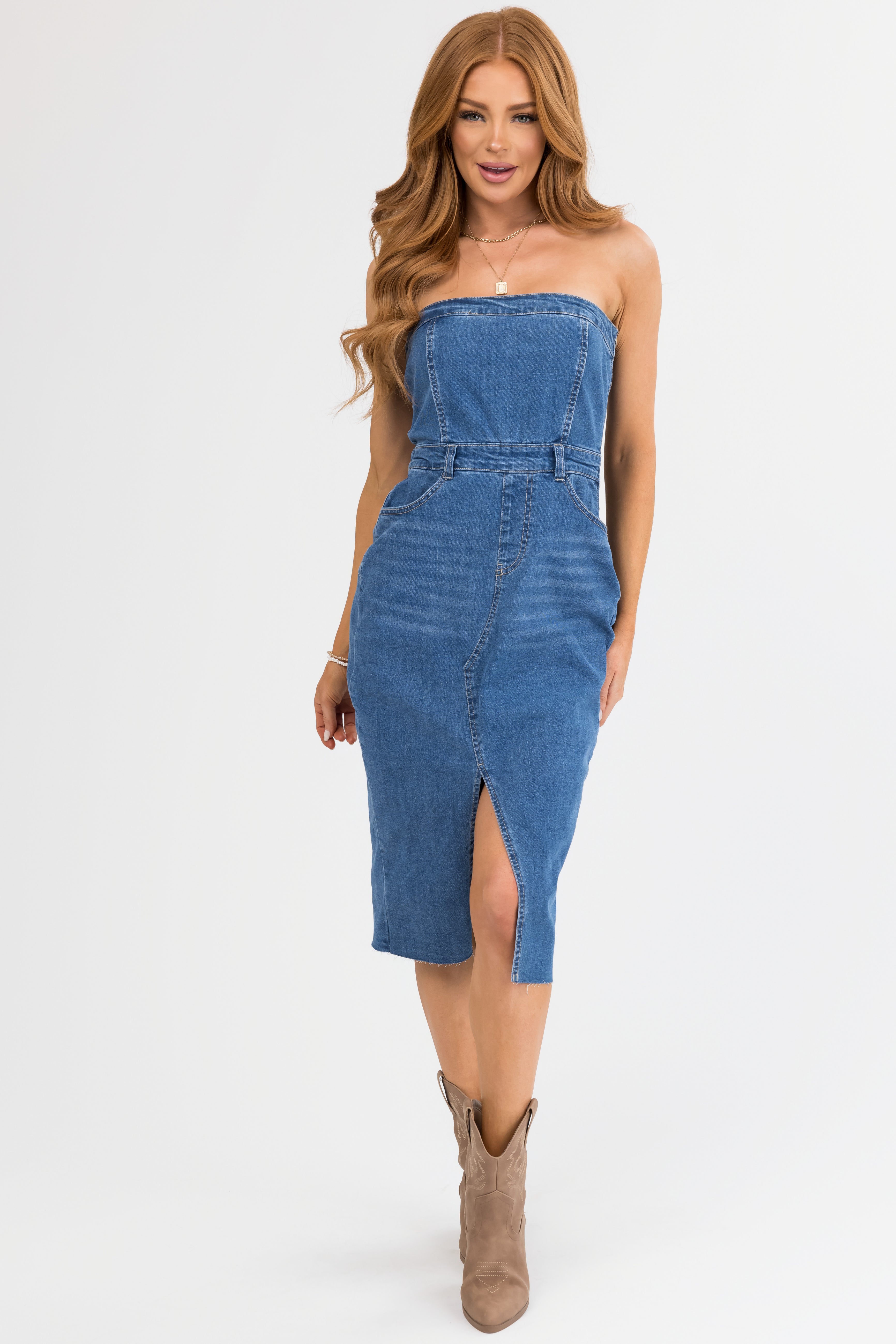 Medium Wash Denim Strapless Dress with Slit