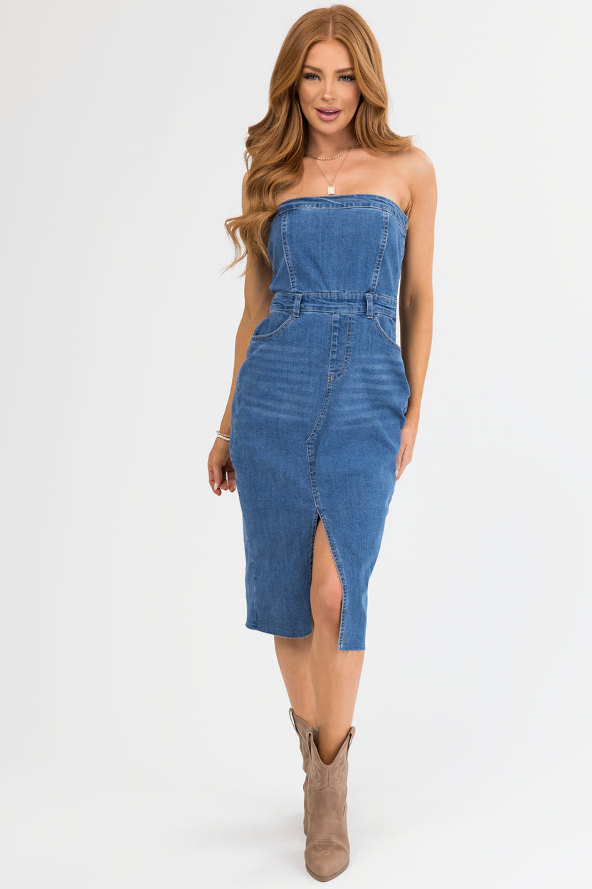 Medium Wash Denim Strapless Dress with Slit