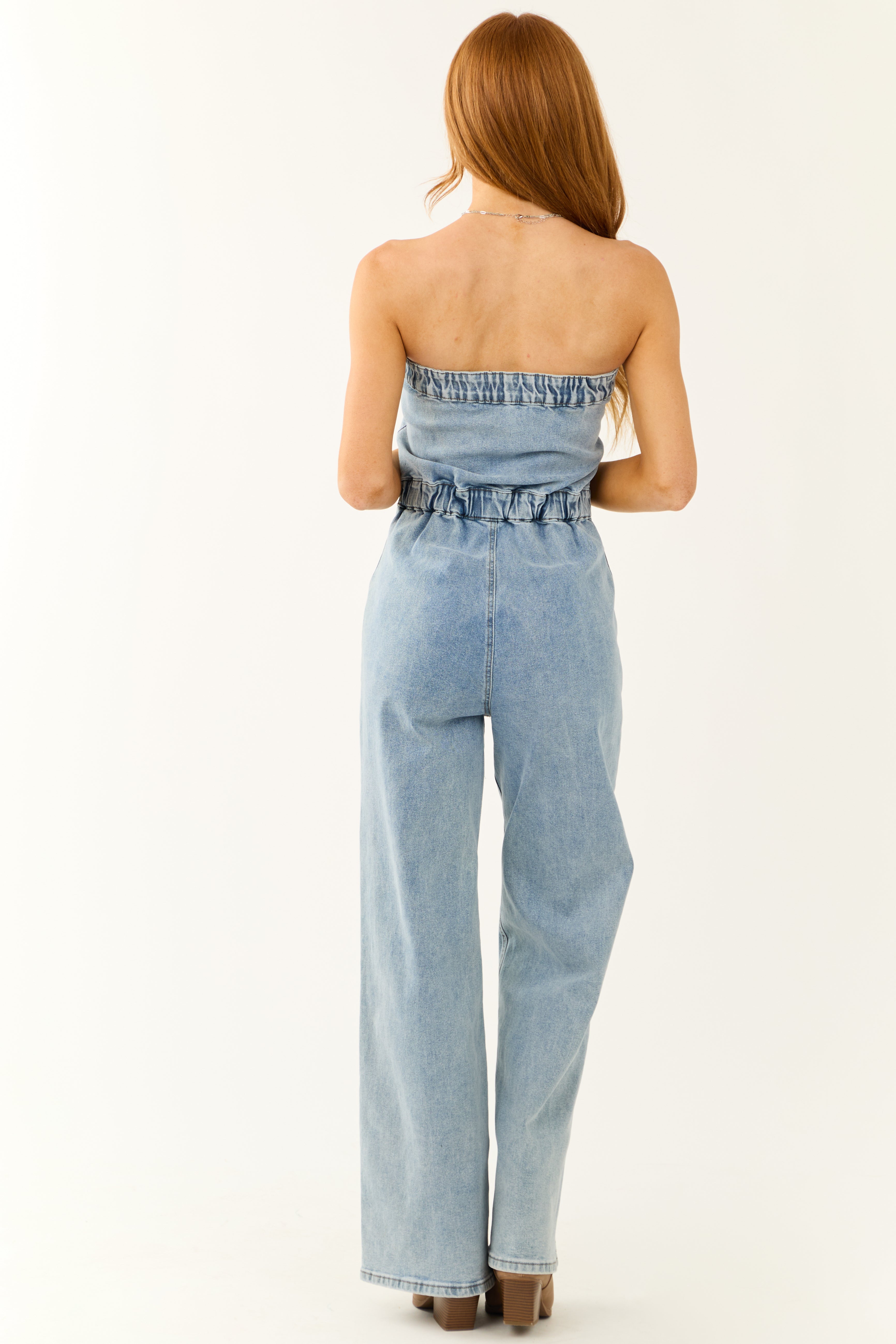 Medium Wash Denim Strapless Jumpsuit