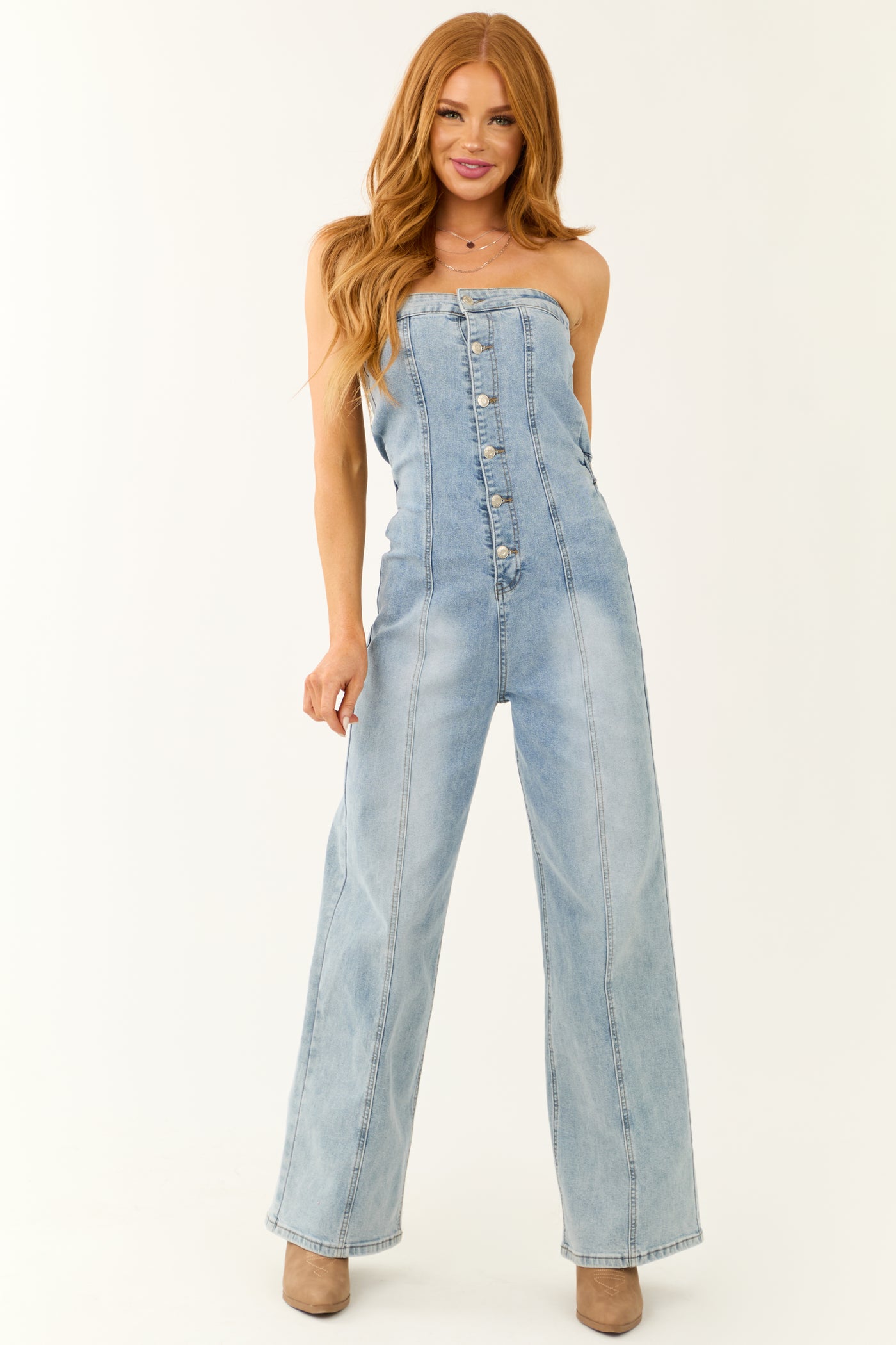 Medium Wash Denim Strapless Jumpsuit