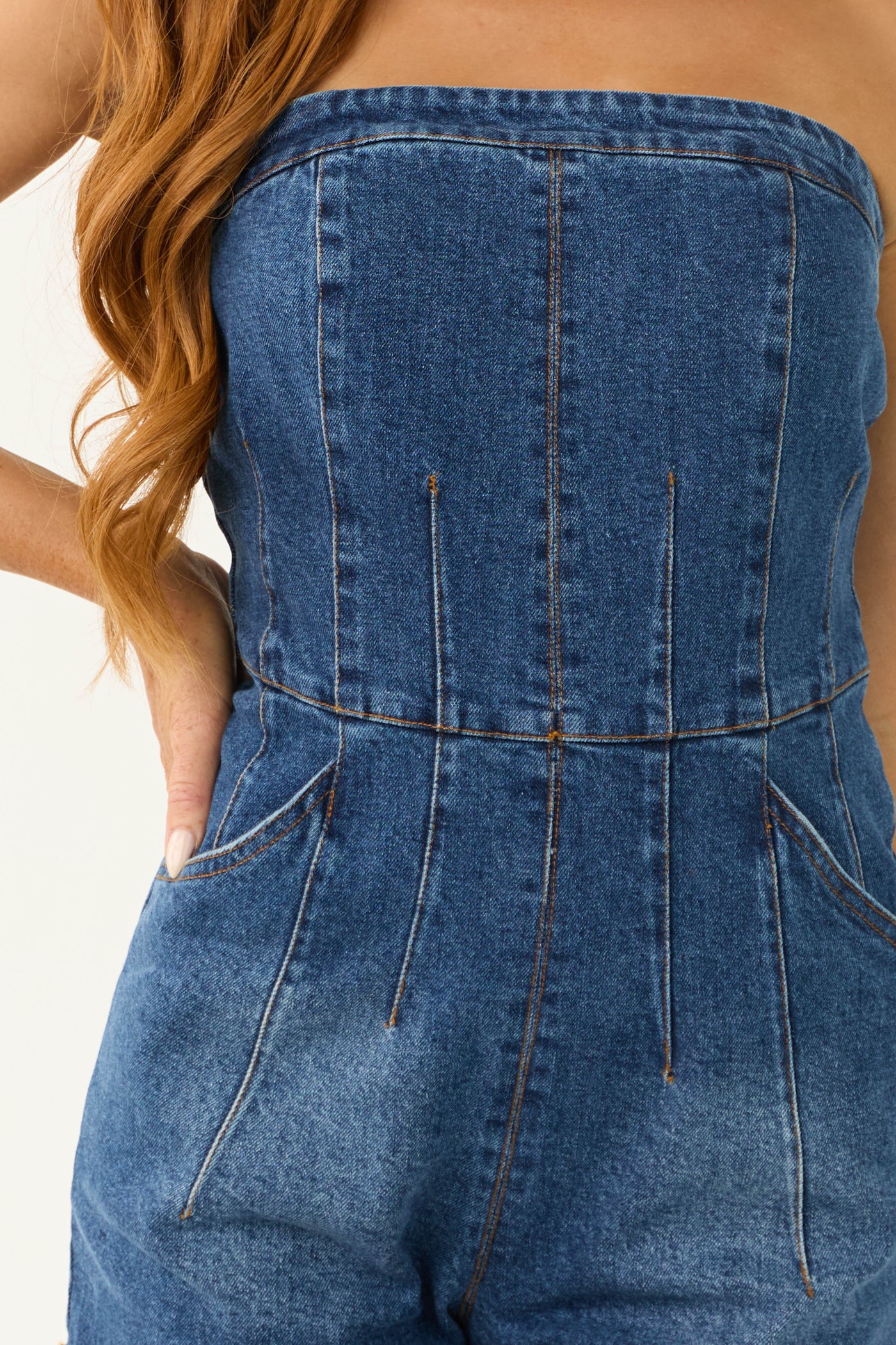 Medium Wash Denim Strapless Romper