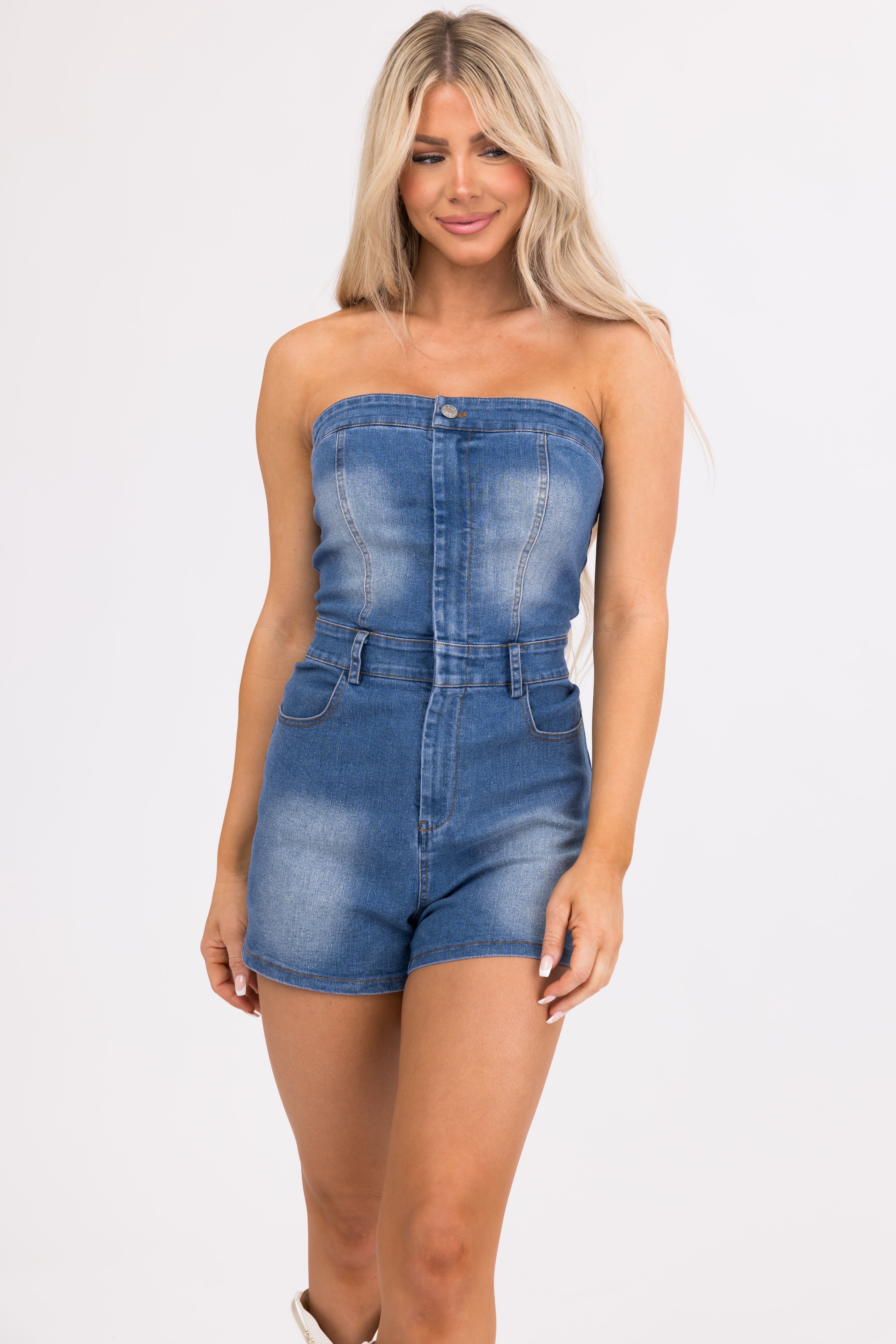 Medium Wash Denim Strapless Zip Up Romper