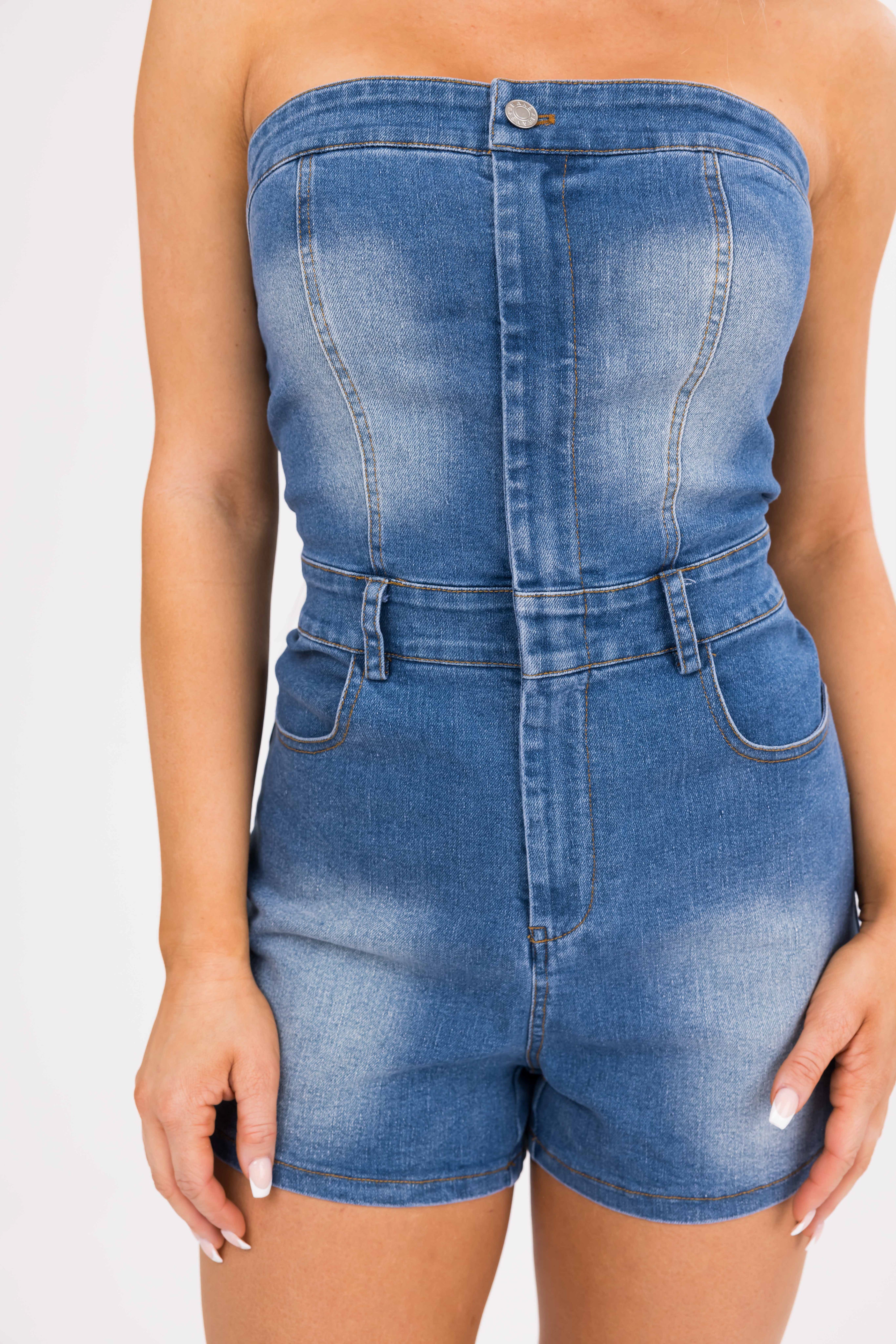 Medium Wash Denim Strapless Zip Up Romper