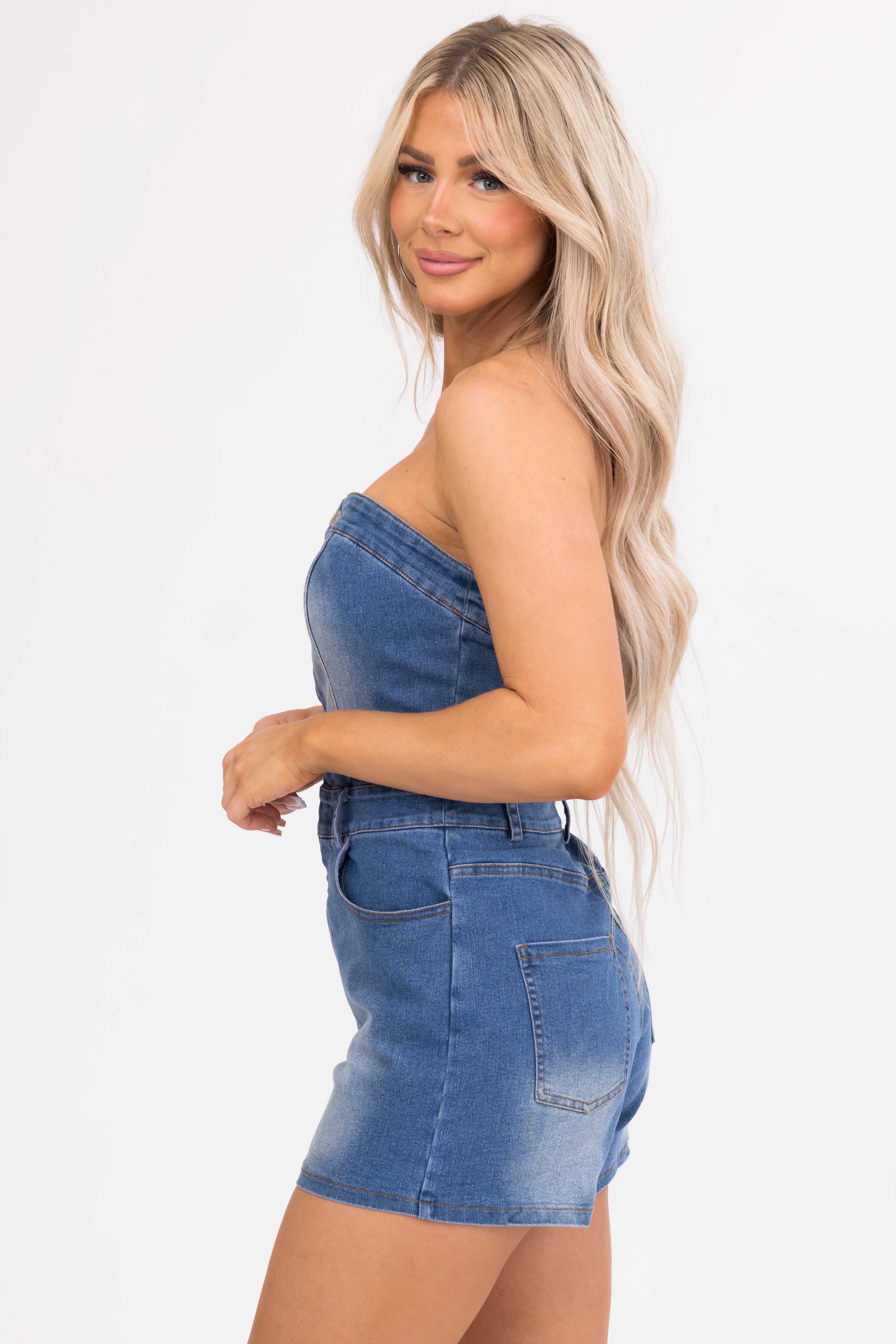 Medium Wash Denim Strapless Zip Up Romper