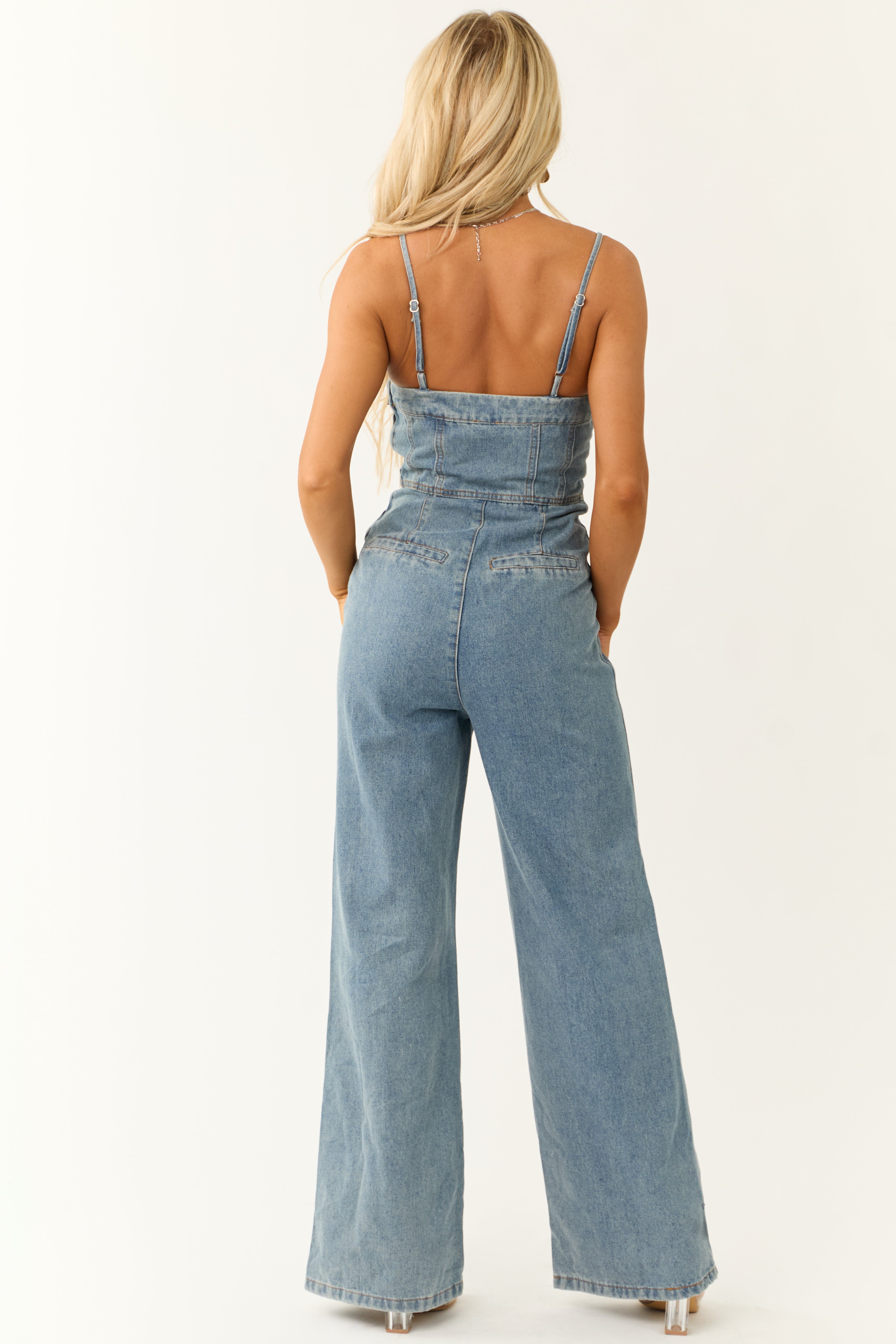 Medium Wash Denim Sweetheart Neck Jumpsuit