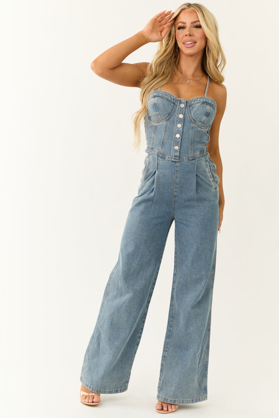 Medium Wash Denim Sweetheart Neck Jumpsuit