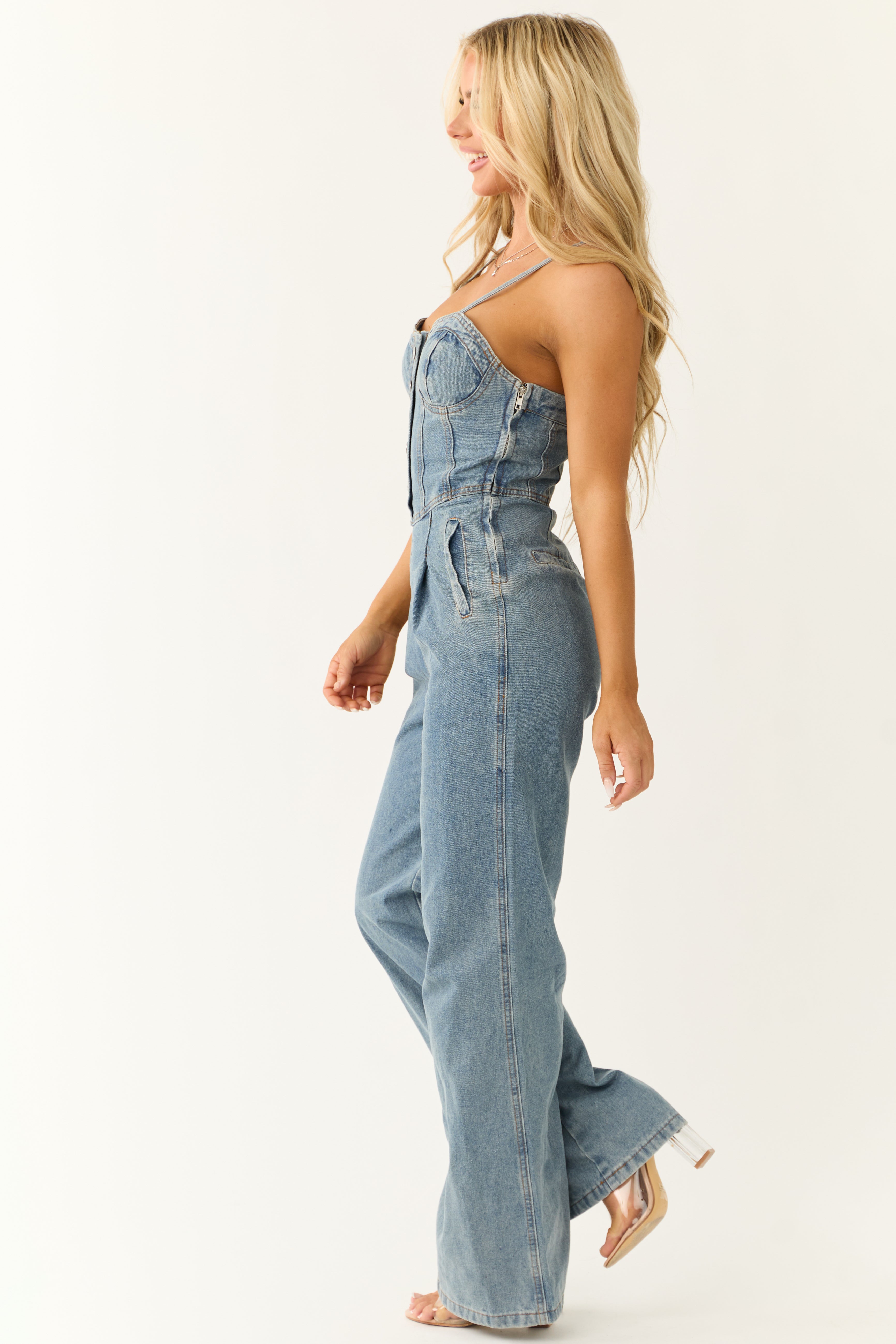 Medium Wash Denim Sweetheart Neck Jumpsuit