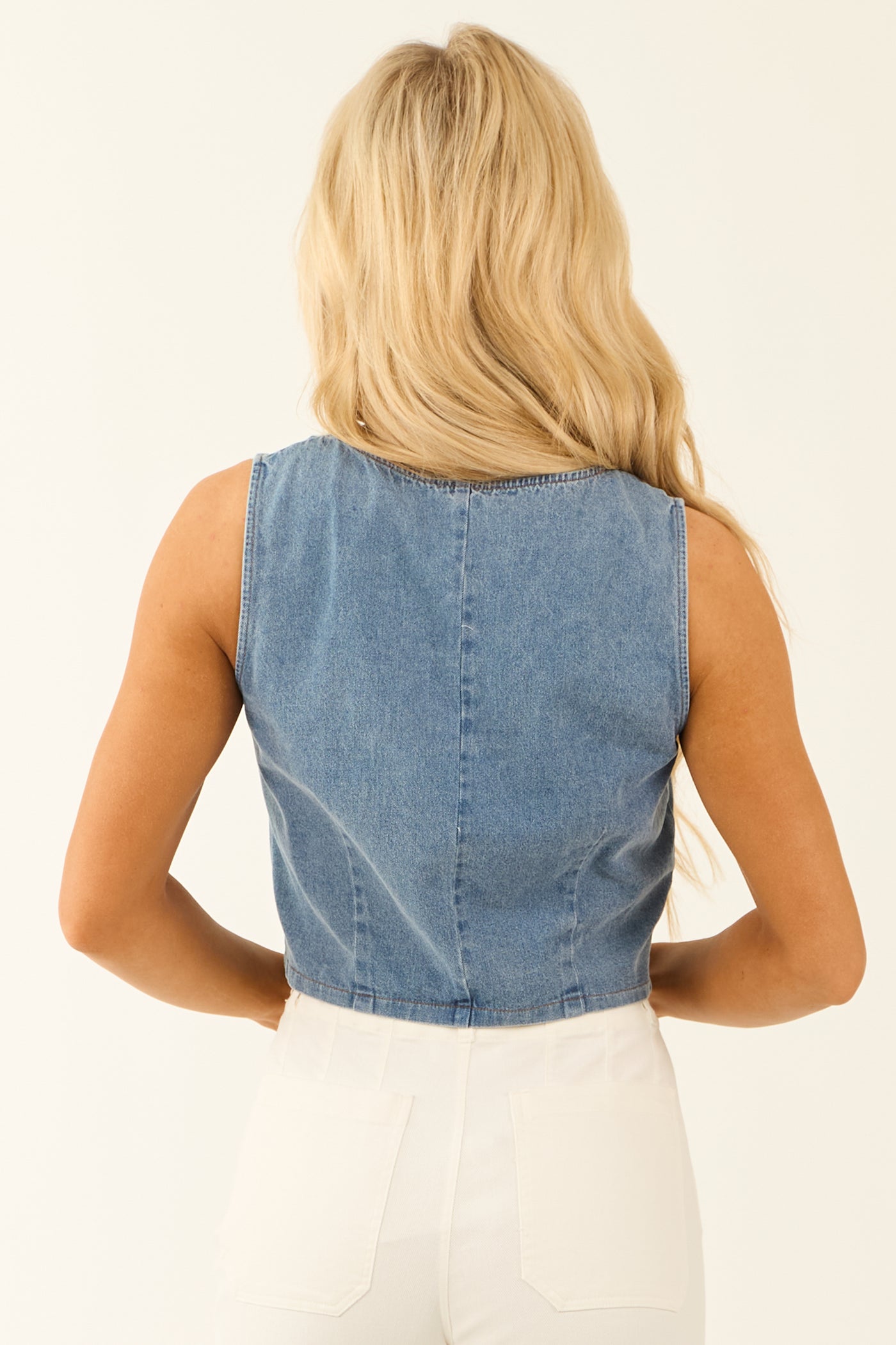 Medium Wash Denim Triple Front Tie Crop Top