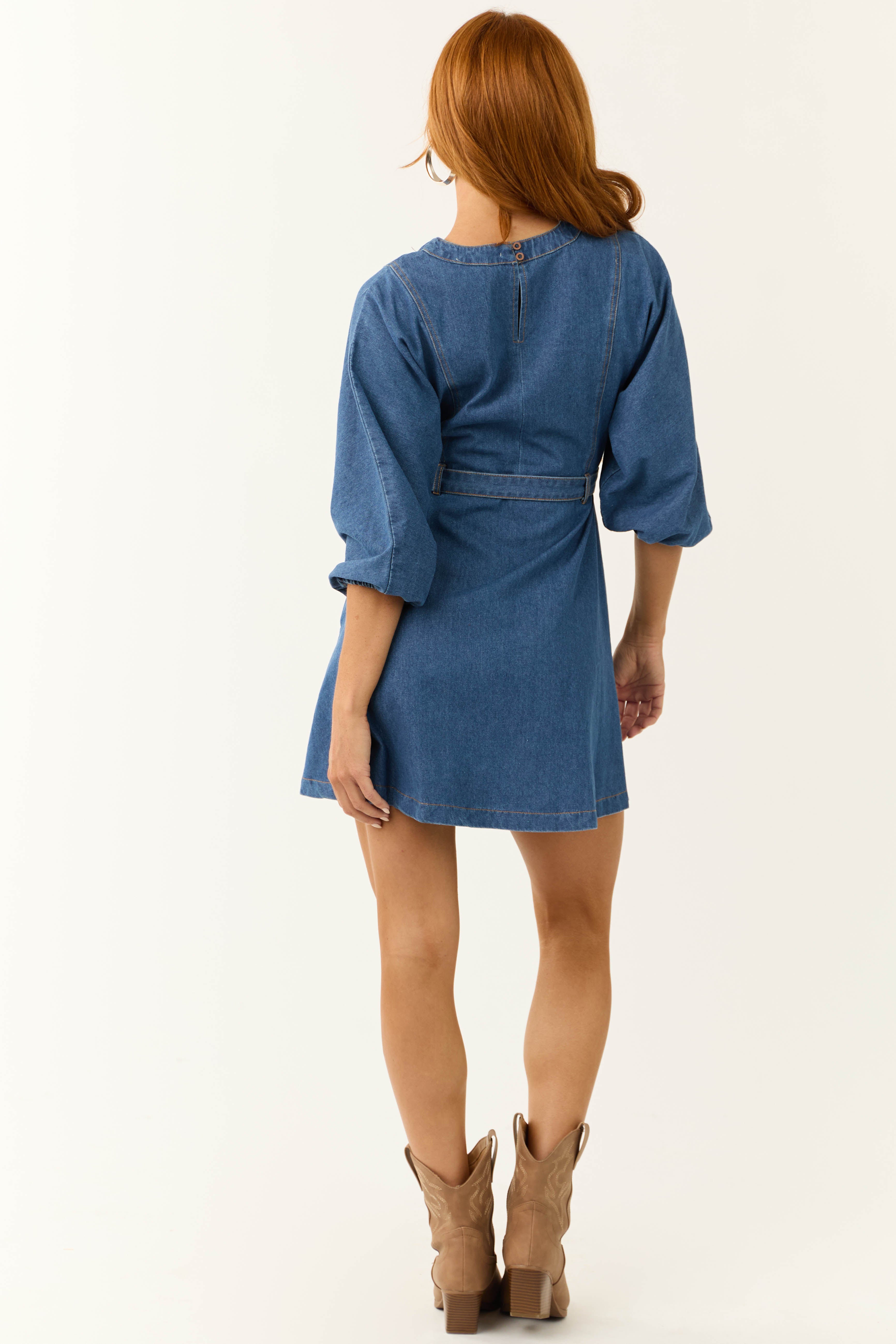 Medium Wash Denim V Notch Neck Flare Mini Dress