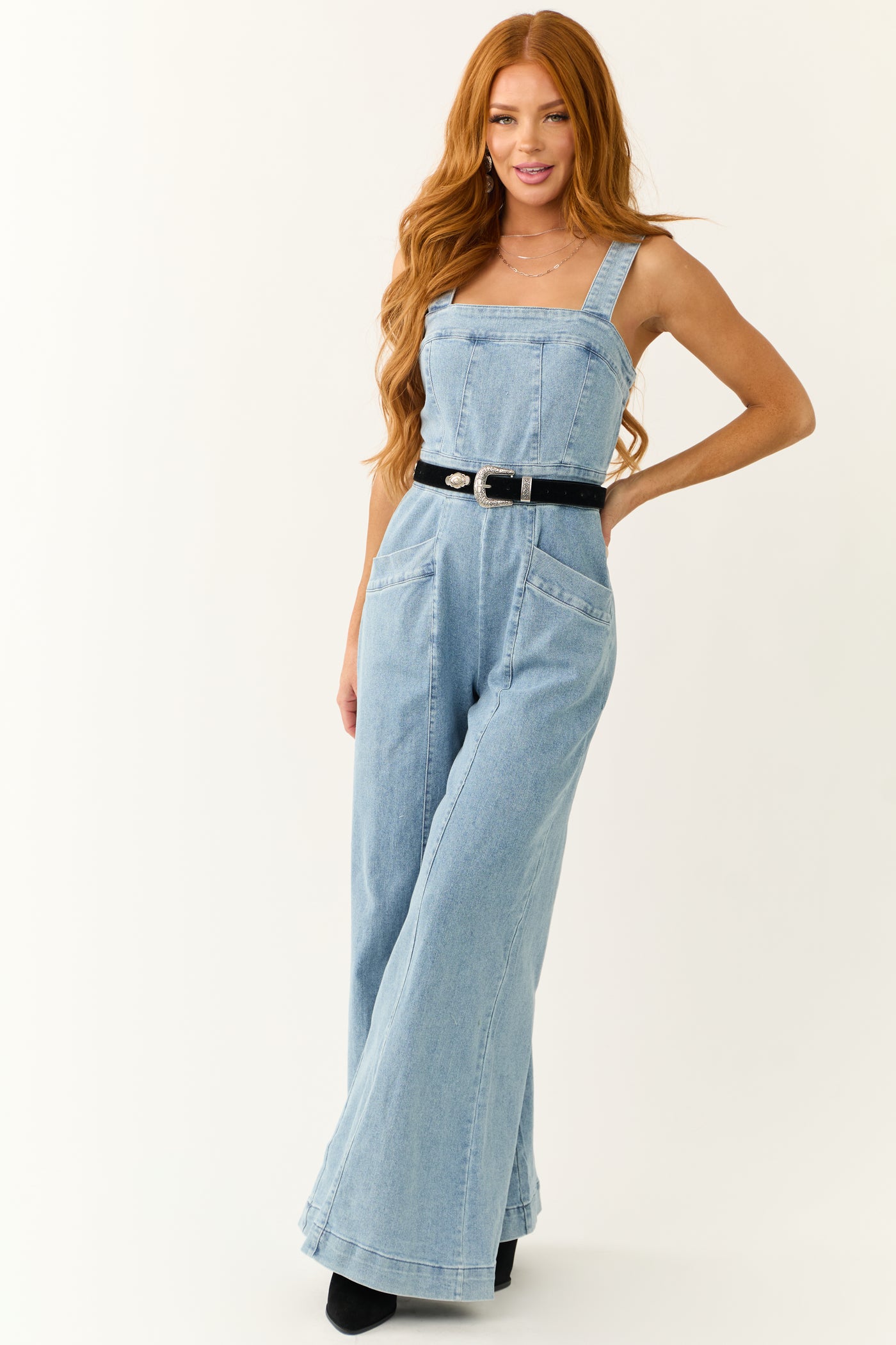 Medium Wash Denim Wide Leg Jumpsuit