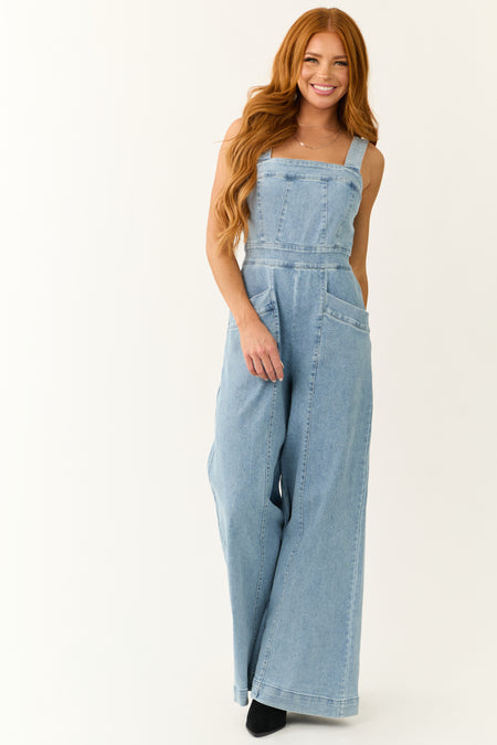 Medium Wash Denim Wide Leg Jumpsuit