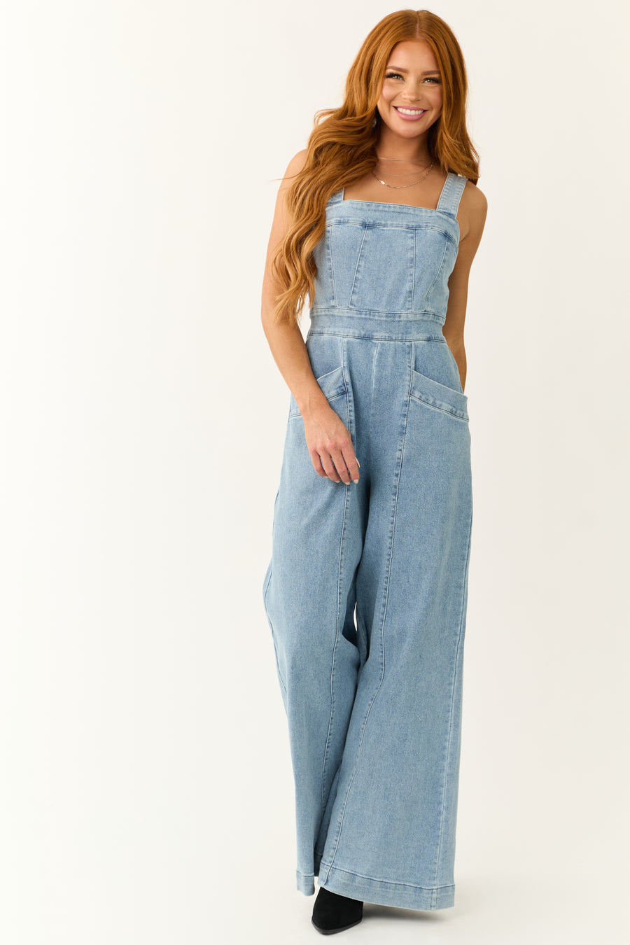 Medium Wash Denim Wide Leg Jumpsuit