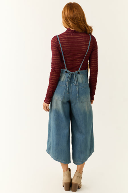 Medium Wash Denim Wide Leg Overalls Jumpsuit