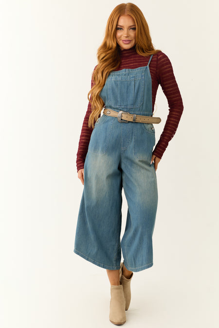 Medium Wash Denim Wide Leg Overalls Jumpsuit