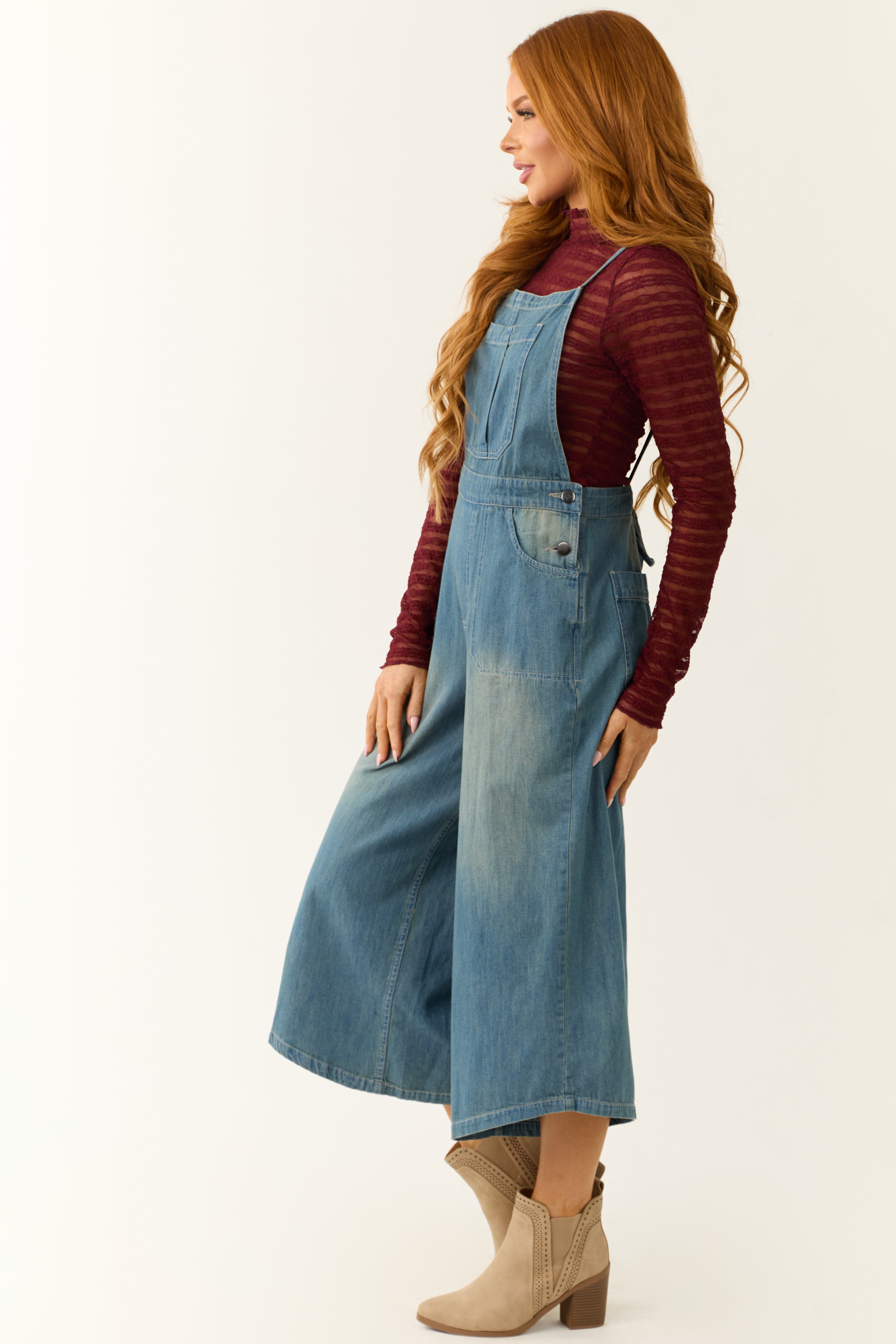 Medium Wash Denim Wide Leg Overalls Jumpsuit