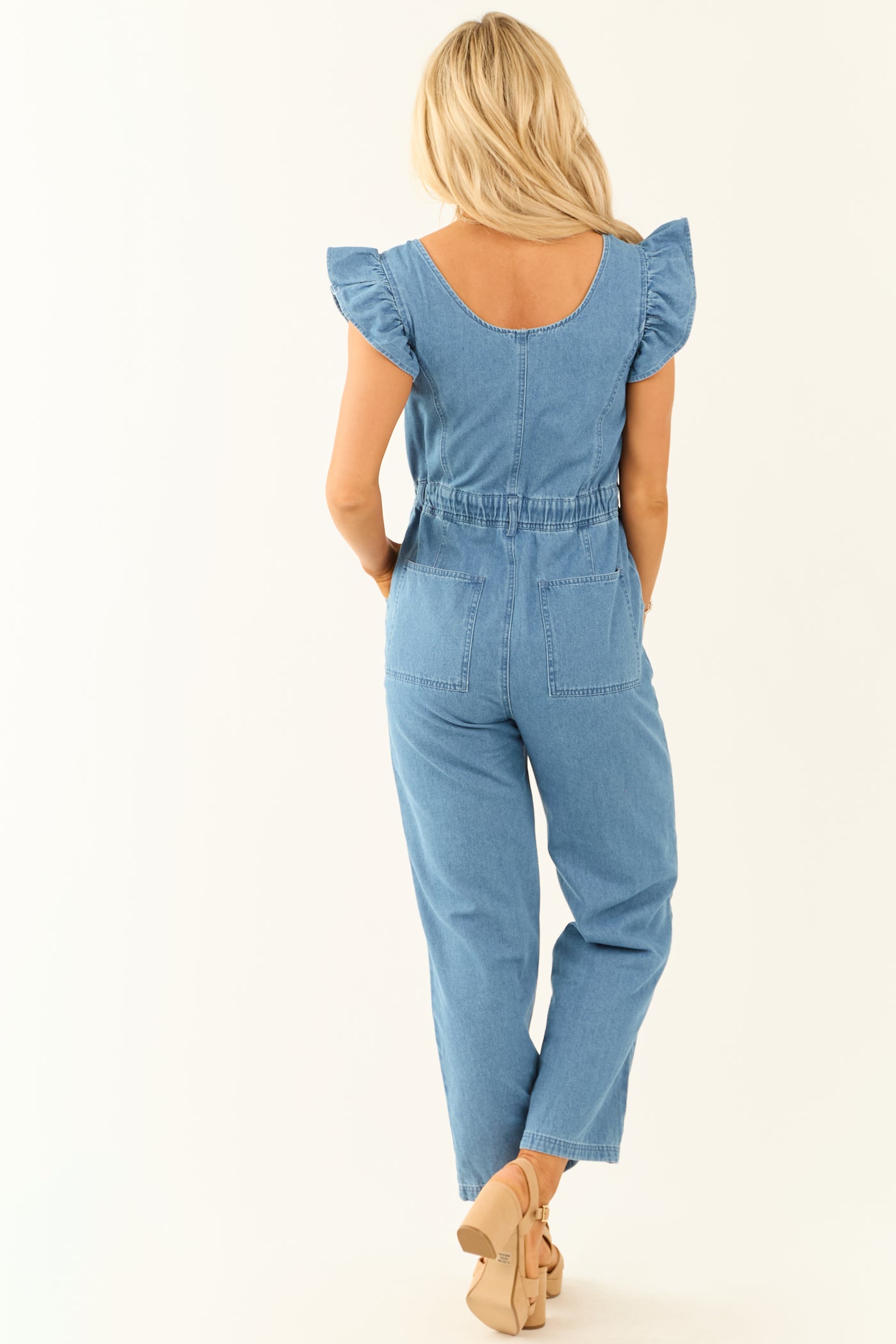 Medium Wash Denim Zip Up Ruffle Sleeve Jumpsuit