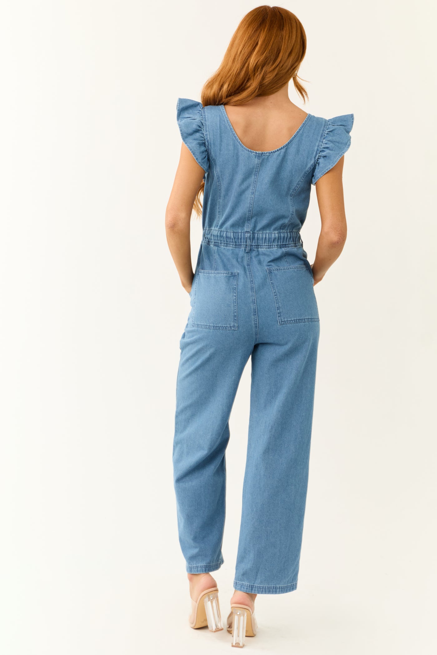 Medium Wash Denim Zip Up Ruffle Sleeve Jumpsuit