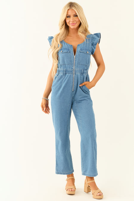 Medium Wash Denim Zip Up Ruffle Sleeve Jumpsuit