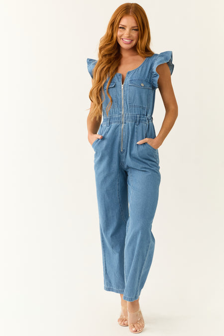 Medium Wash Denim Zip Up Ruffle Sleeve Jumpsuit