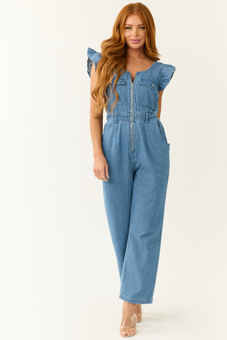 Medium Wash Denim Zip Up Ruffle Sleeve Jumpsuit