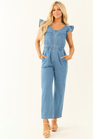 Medium Wash Denim Zip Up Ruffle Sleeve Jumpsuit