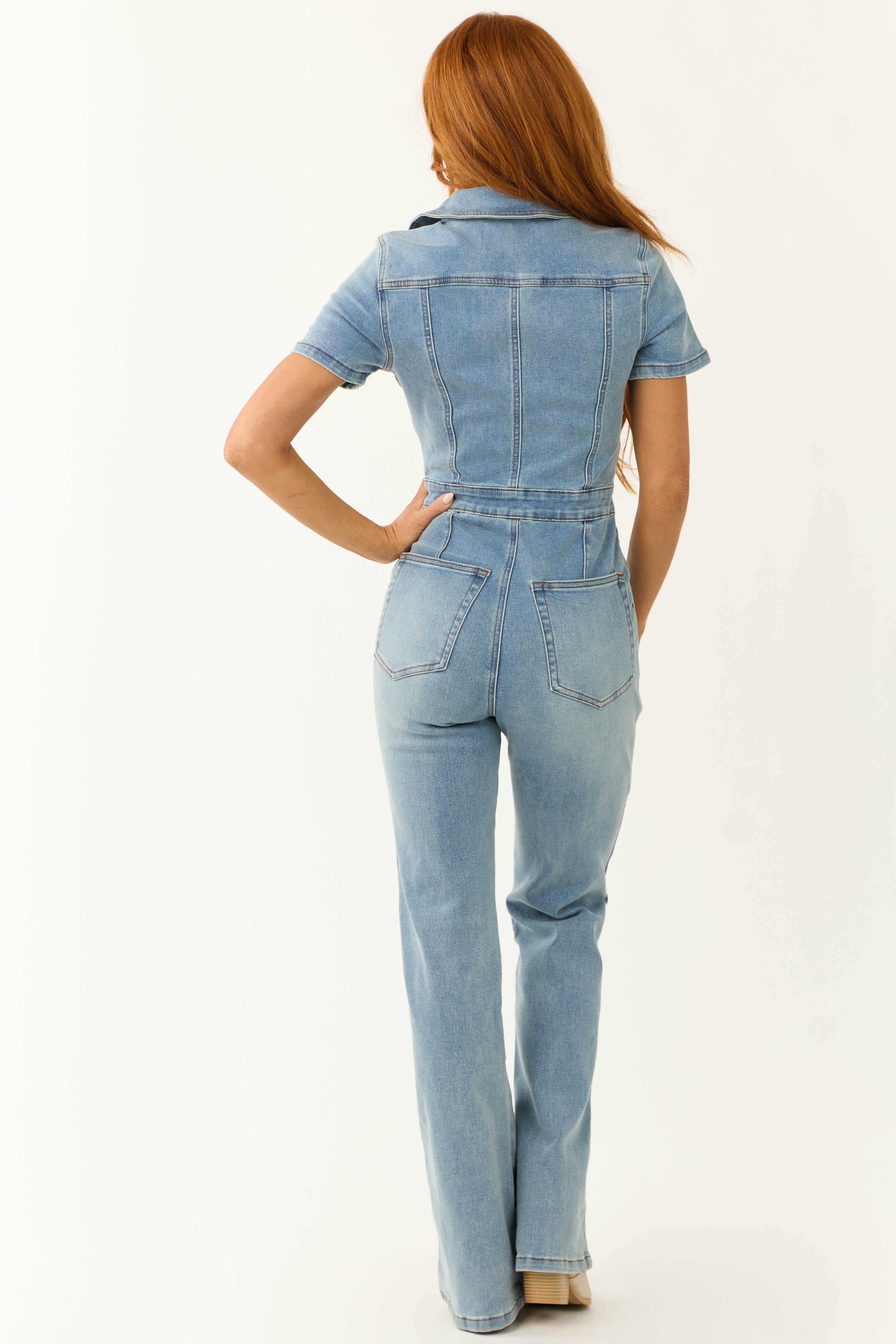 Medium Wash Denim Zip Up Short Sleeve Jumpsuit