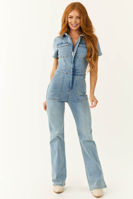 Medium Wash Denim Zip Up Short Sleeve Jumpsuit