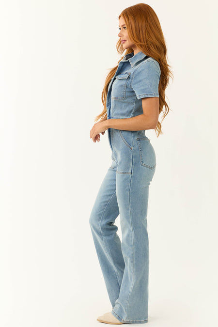 Medium Wash Denim Zip Up Short Sleeve Jumpsuit