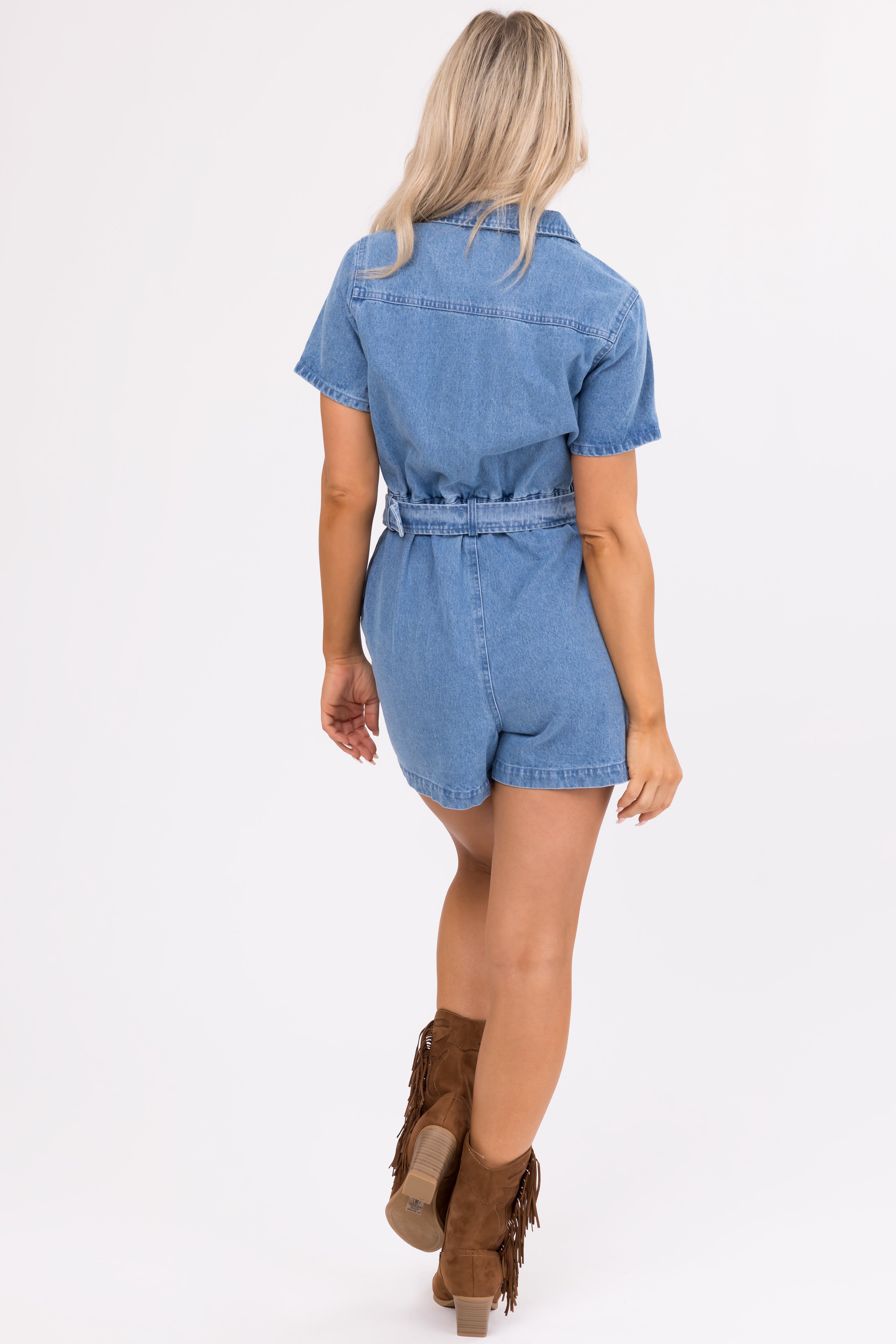 Medium Wash Denim Zippered Romper