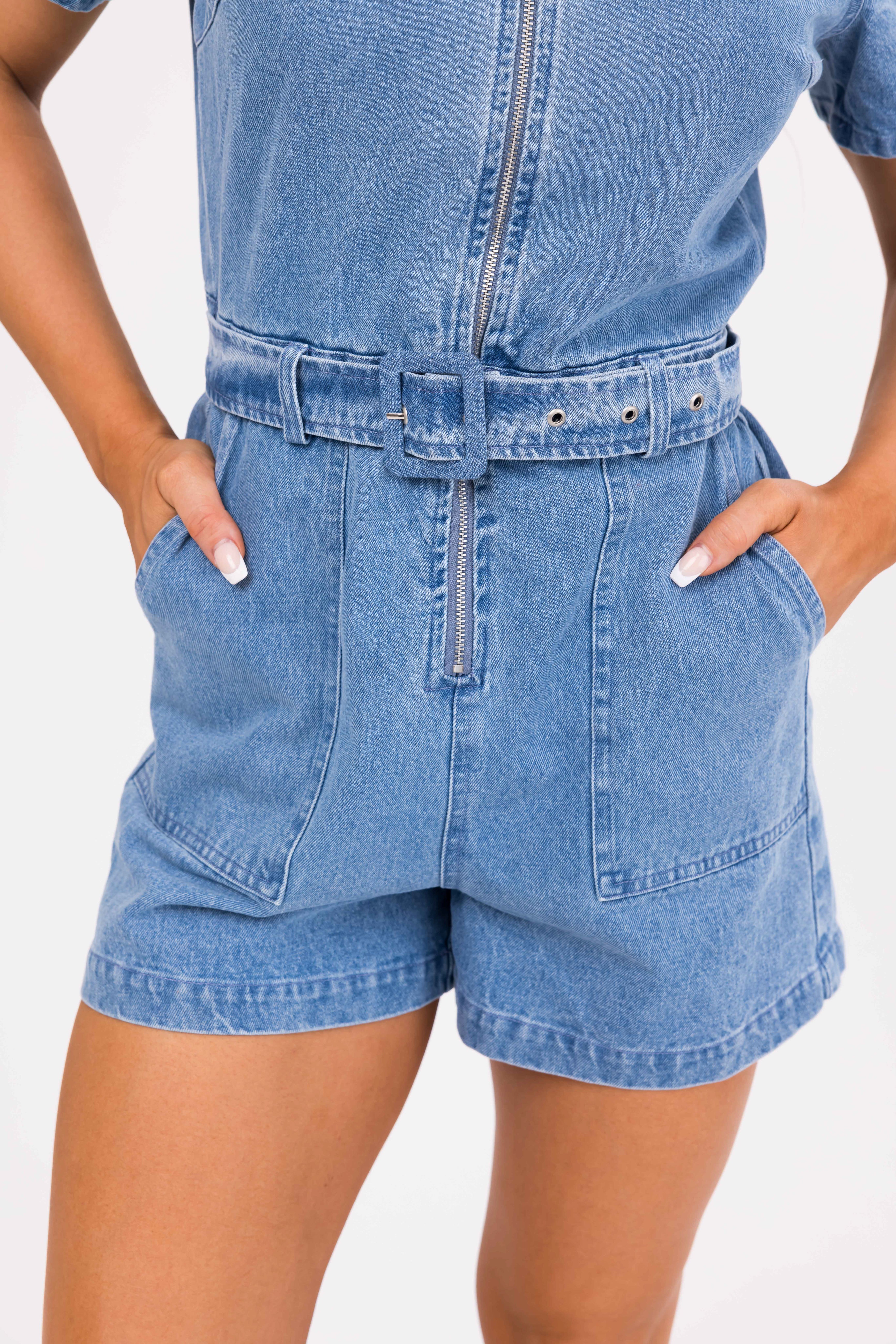 Medium Wash Denim Zippered Romper