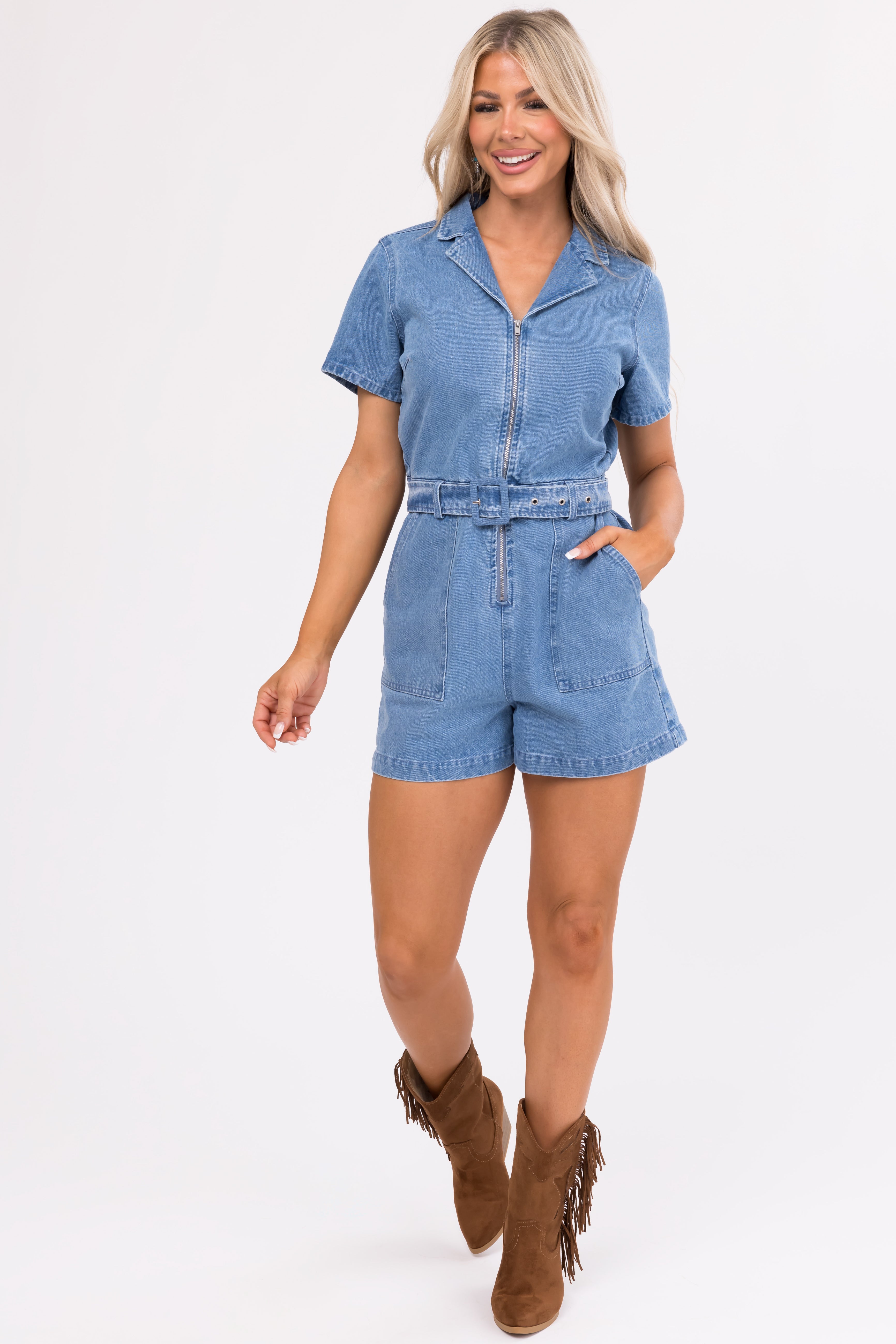 Medium Wash Denim Zippered Romper