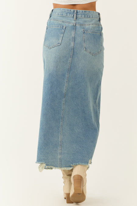 Medium Wash Distressed Denim Front Slit Maxi Skirt