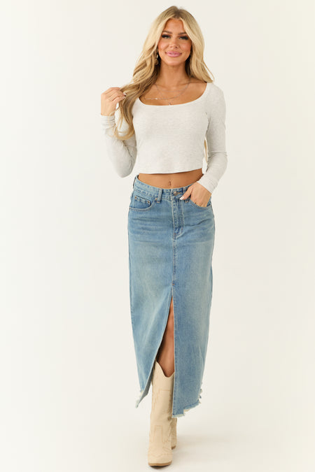 Medium Wash Distressed Denim Front Slit Maxi Skirt