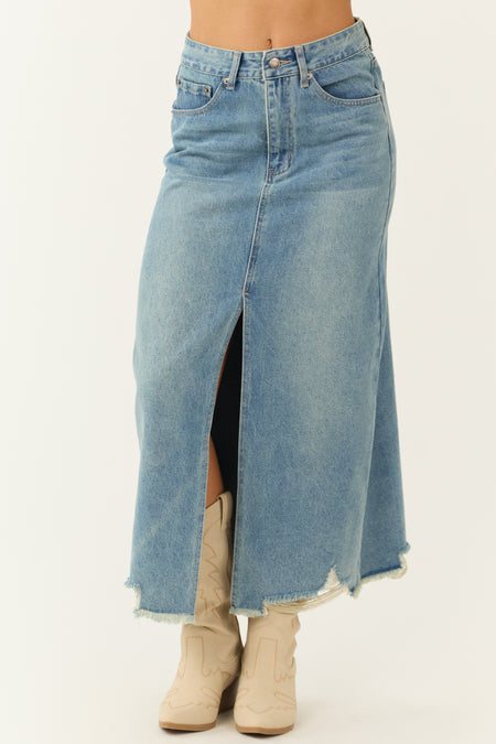 Medium Wash Distressed Denim Front Slit Maxi Skirt