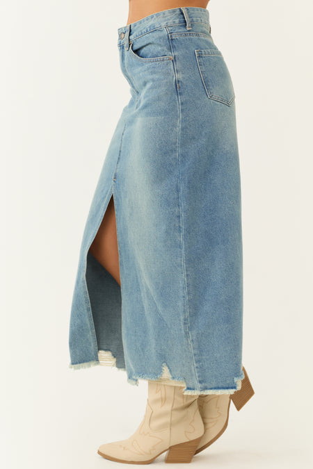 Medium Wash Distressed Denim Front Slit Maxi Skirt