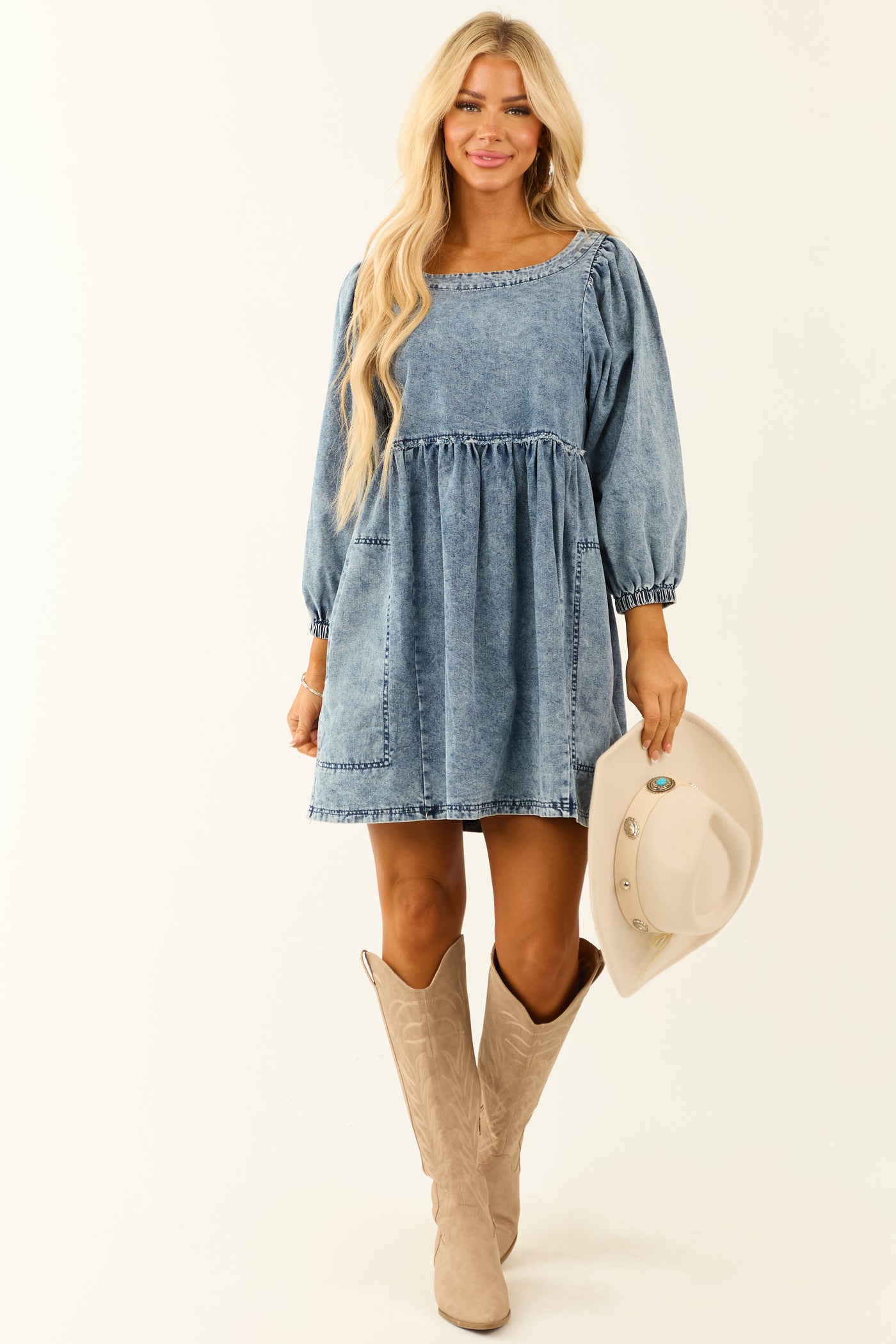 Medium Wash Distressed Puff Sleeve Short Dress