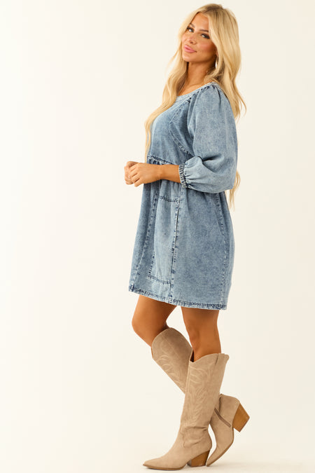 Medium Wash Distressed Puff Sleeve Short Dress