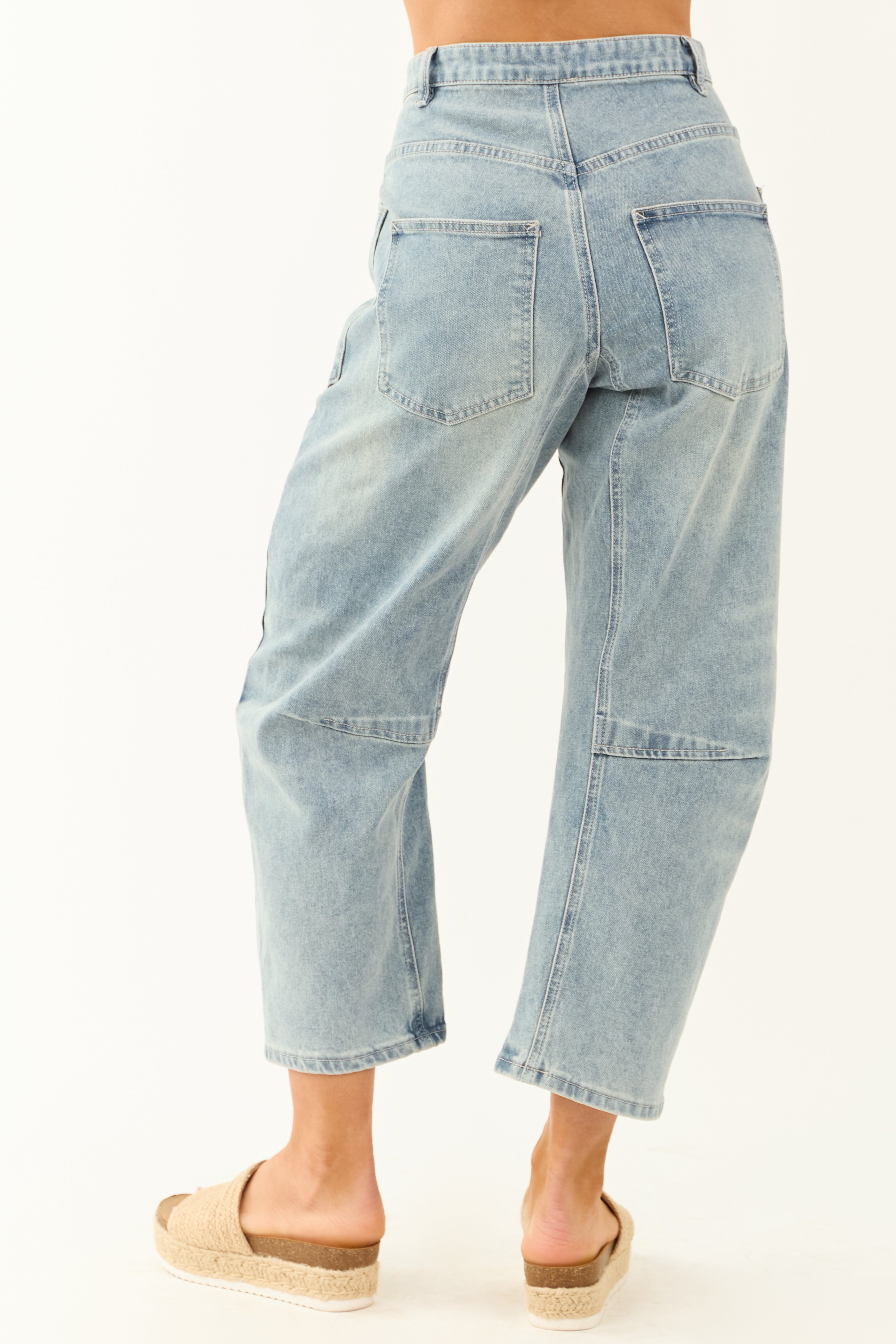 Medium Wash Drawstring Stretchy Barrel Jeans