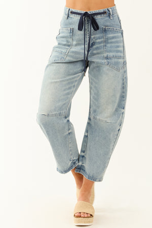 Medium Wash Drawstring Stretchy Barrel Jeans