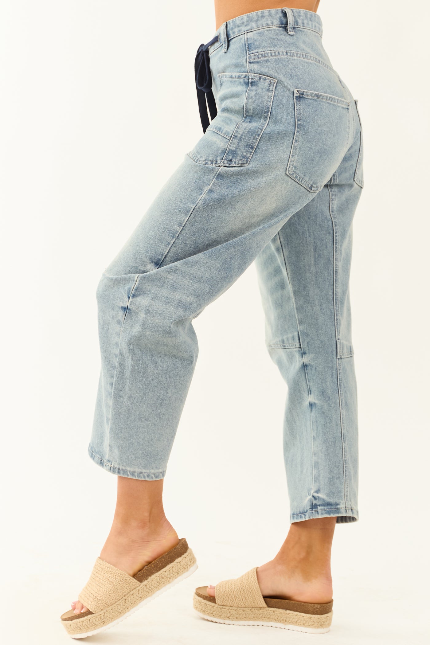 Medium Wash Drawstring Stretchy Barrel Jeans