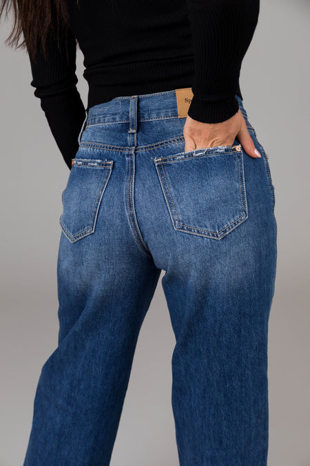 Medium Wash High Rise Distressed Dad Jeans