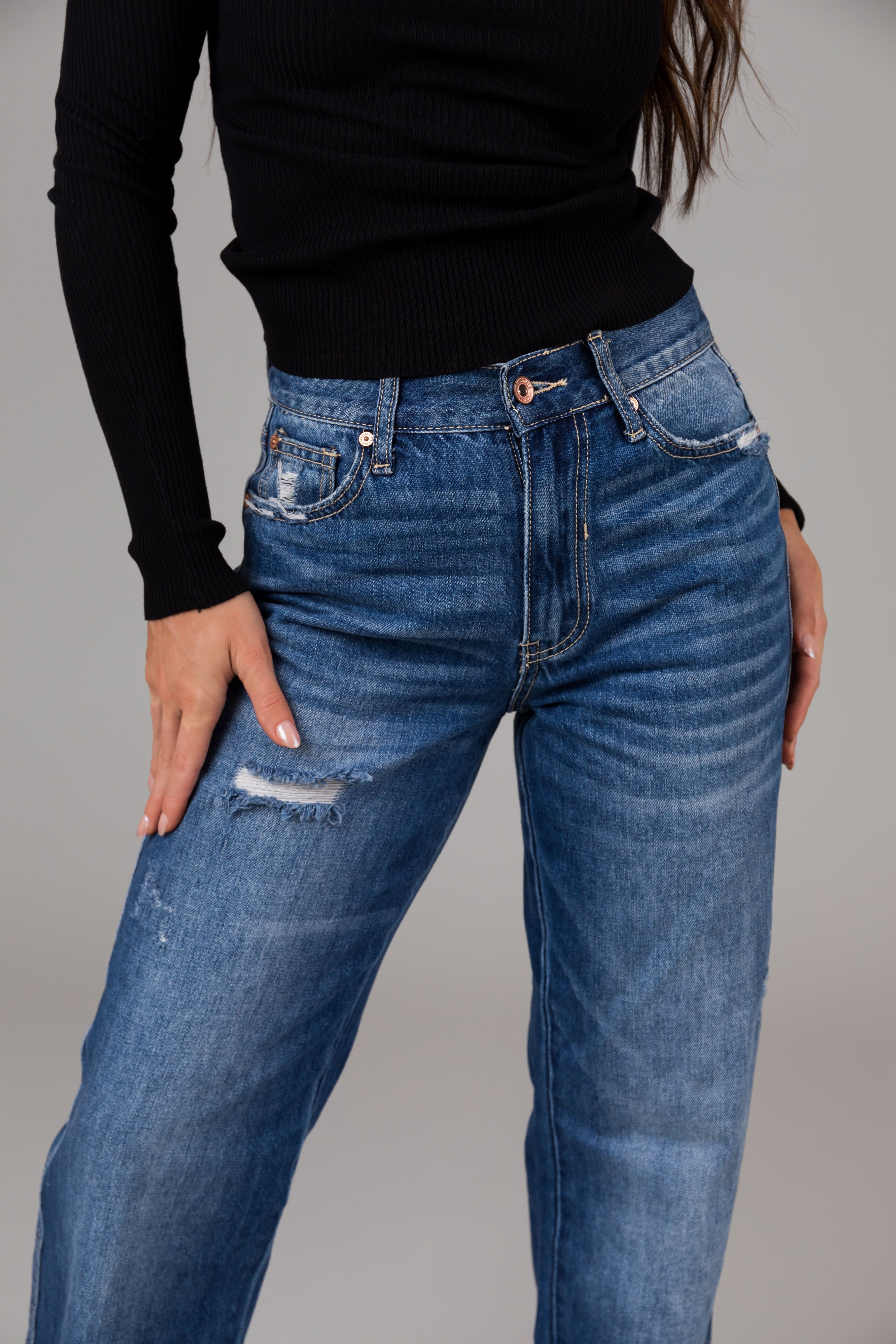 Medium Wash High Rise Distressed Dad Jeans