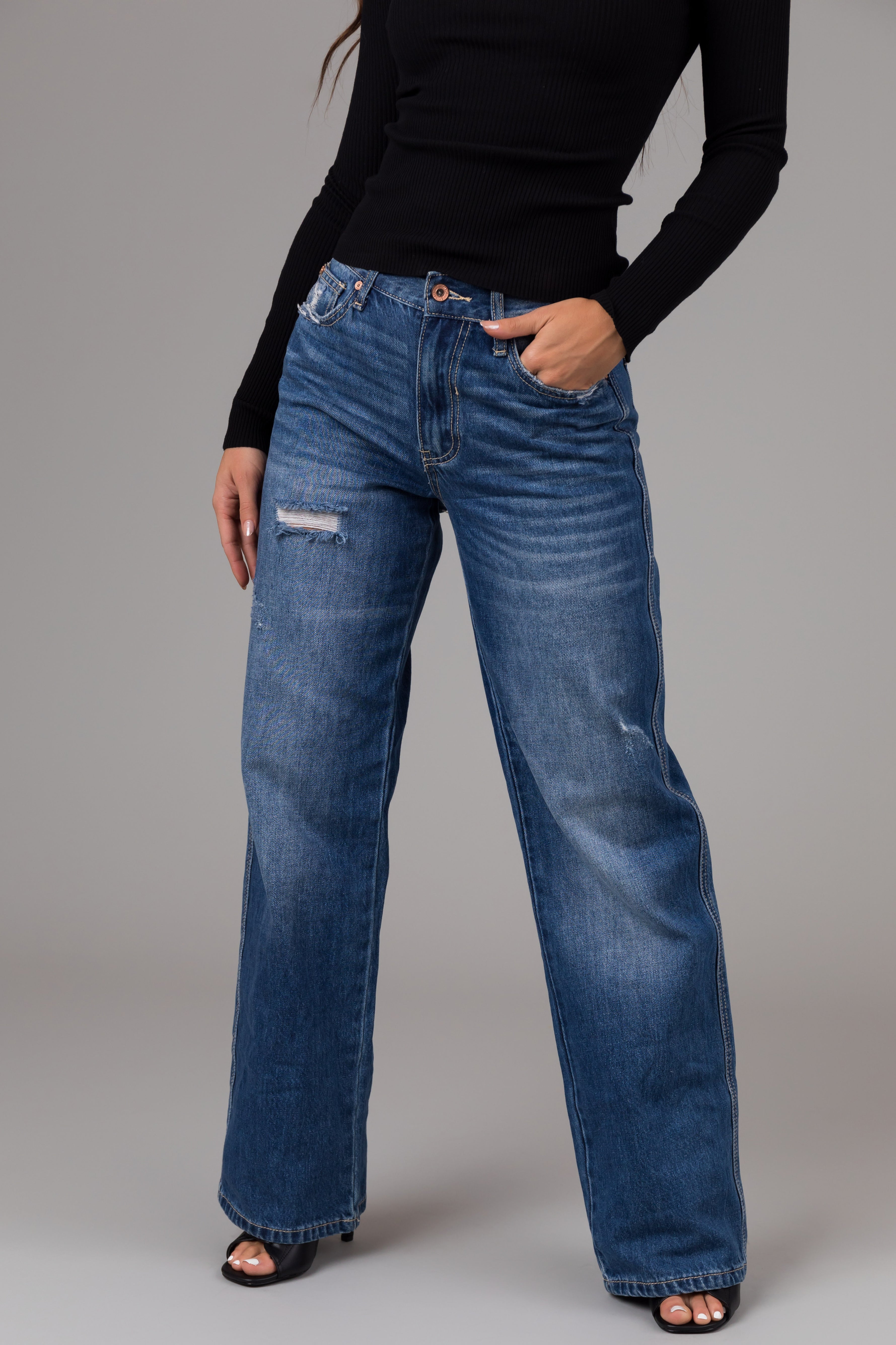 Medium Wash High Rise Distressed Dad Jeans