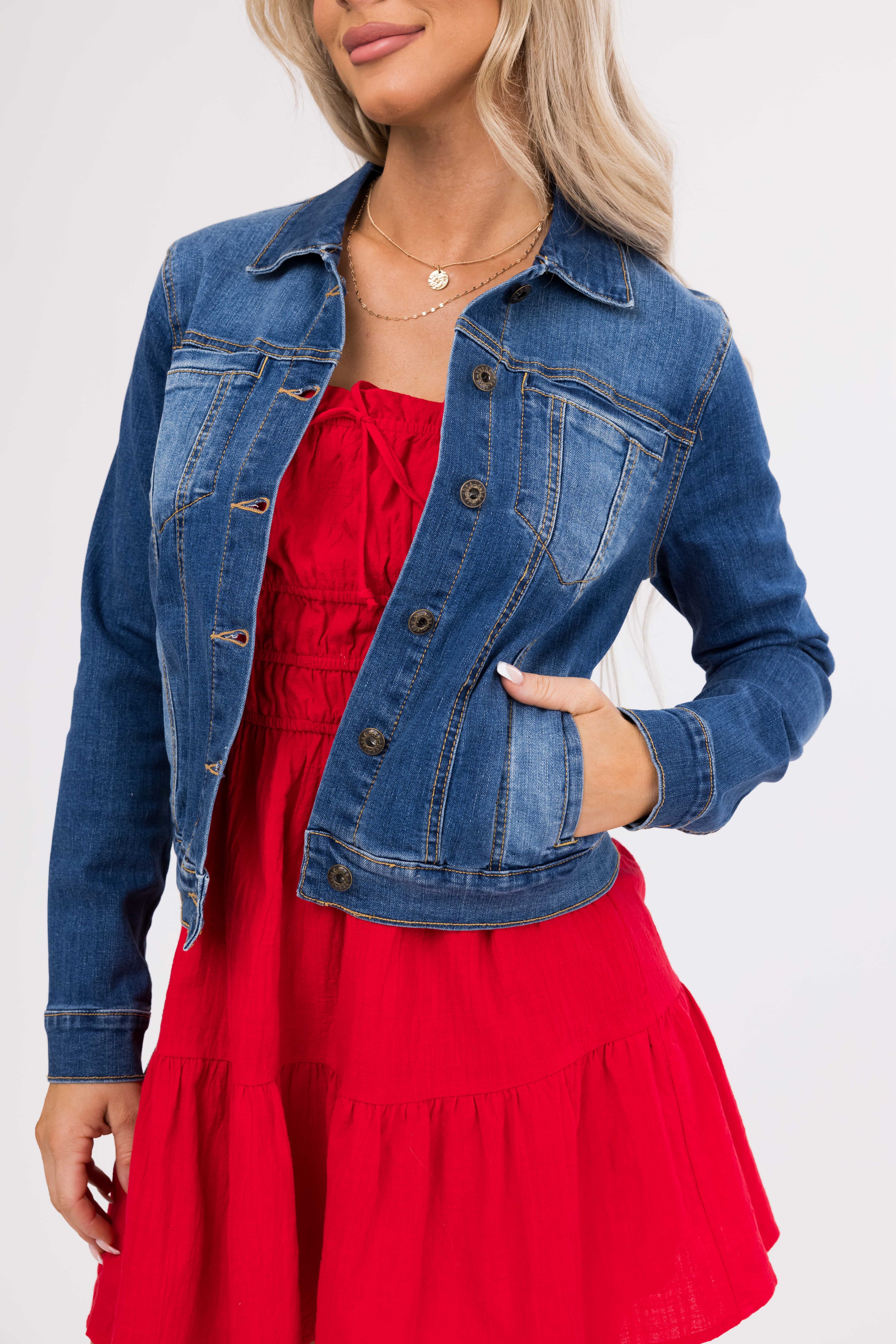 Medium Wash Long Sleeve Button Up Denim Jacket