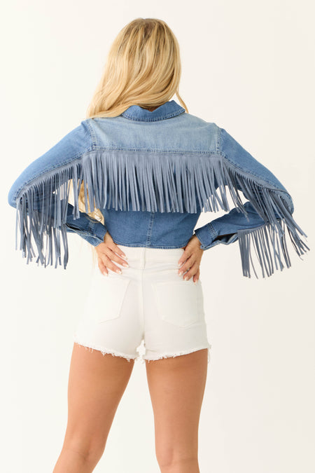 Medium Wash Long Sleeve Denim Fringe Top